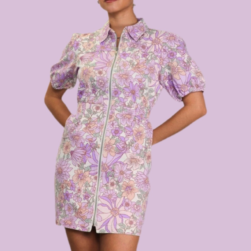 Skies Are Blue Lavender Floral Mini Dress with Pastel Pink and Green Accents